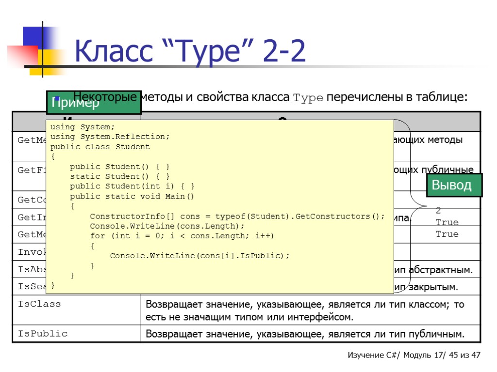 Класс “Type” 2-2 Пример using System; using System.Reflection; public class Student { public Student()